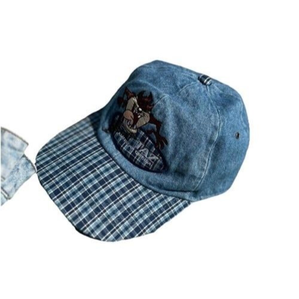 Vintage Looney Tunes Taz Denim Plaid Snapback Hat Warner Bros 90s Adjustable Cap